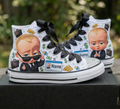 Custom Boss Baby Boy High-Top Sneakers Shoes Personalized with Name, Ribbon Laces & Rhinestones Birthday Parties Everyday Gift