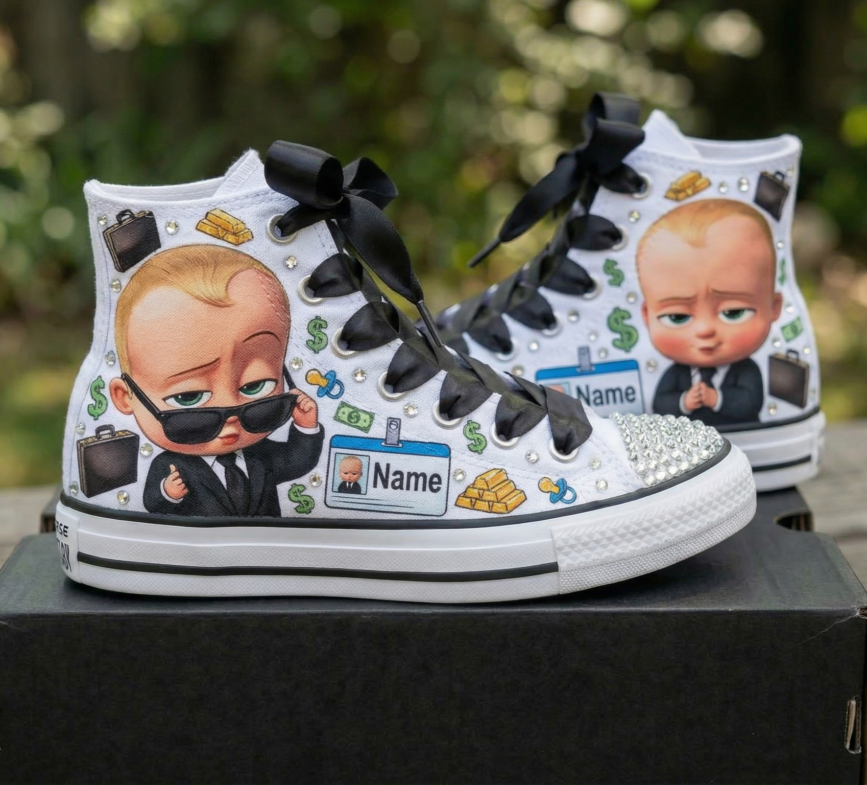 Custom Boss Baby Boy High-Top Sneakers Shoes Personalized with Name, Ribbon Laces & Rhinestones Birthday Parties Everyday Gift