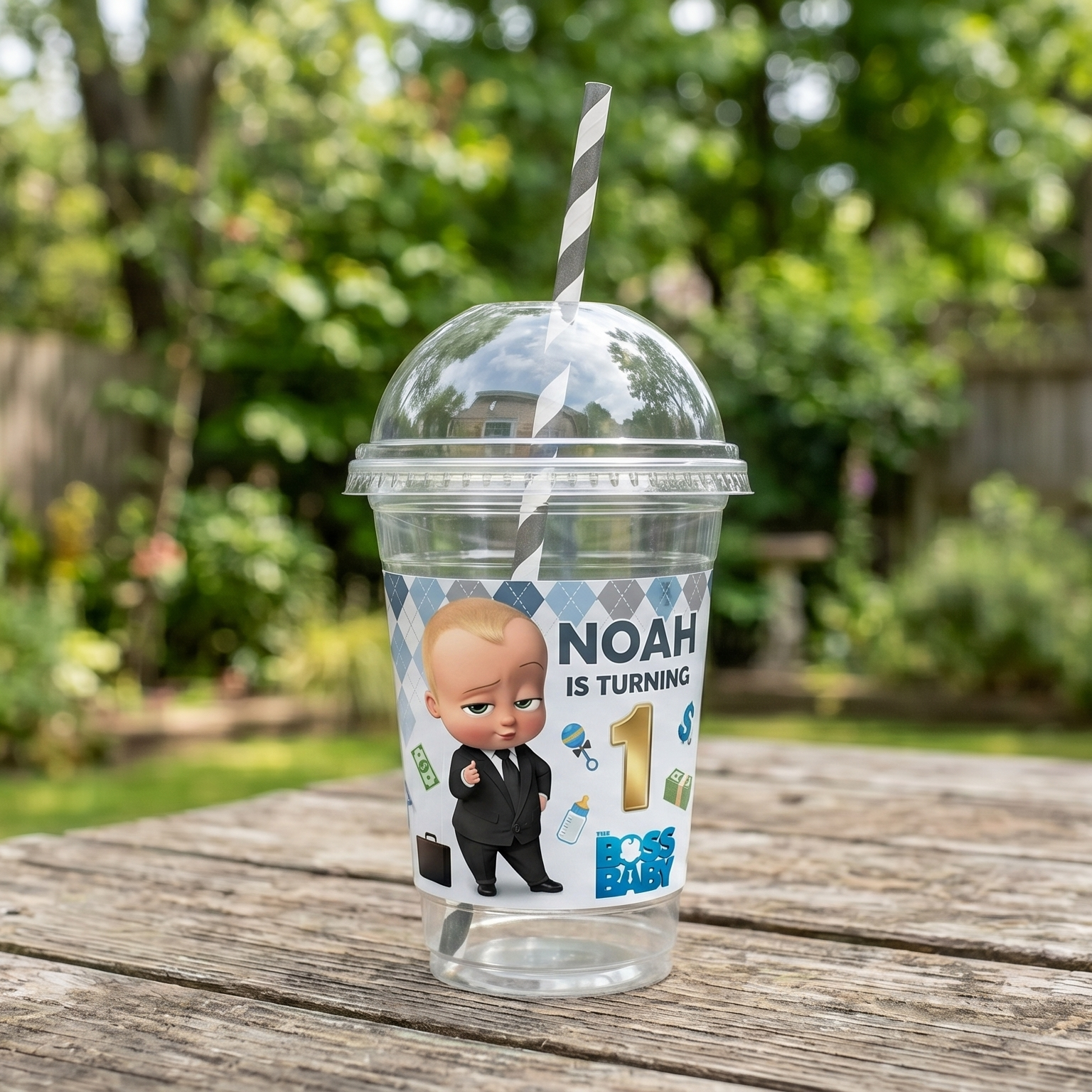 (Pack of 6) Boss Baby Boy Custom Personalized Birthday Party 16 oz Cups with Dome Lids & Straws