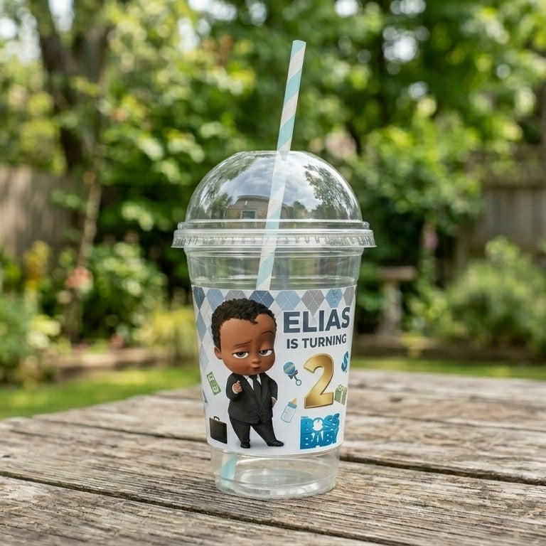 (Pack of 6) Black Boss Baby Boy Custom Personalized Birthday Party 16 oz Cups with Dome Lids & Straws