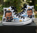 Custom Boss Baby Black Boy High-Top Sneakers Shoes Personalized with Name, Ribbon Laces & Rhinestones Birthday Parties Everyday Gift