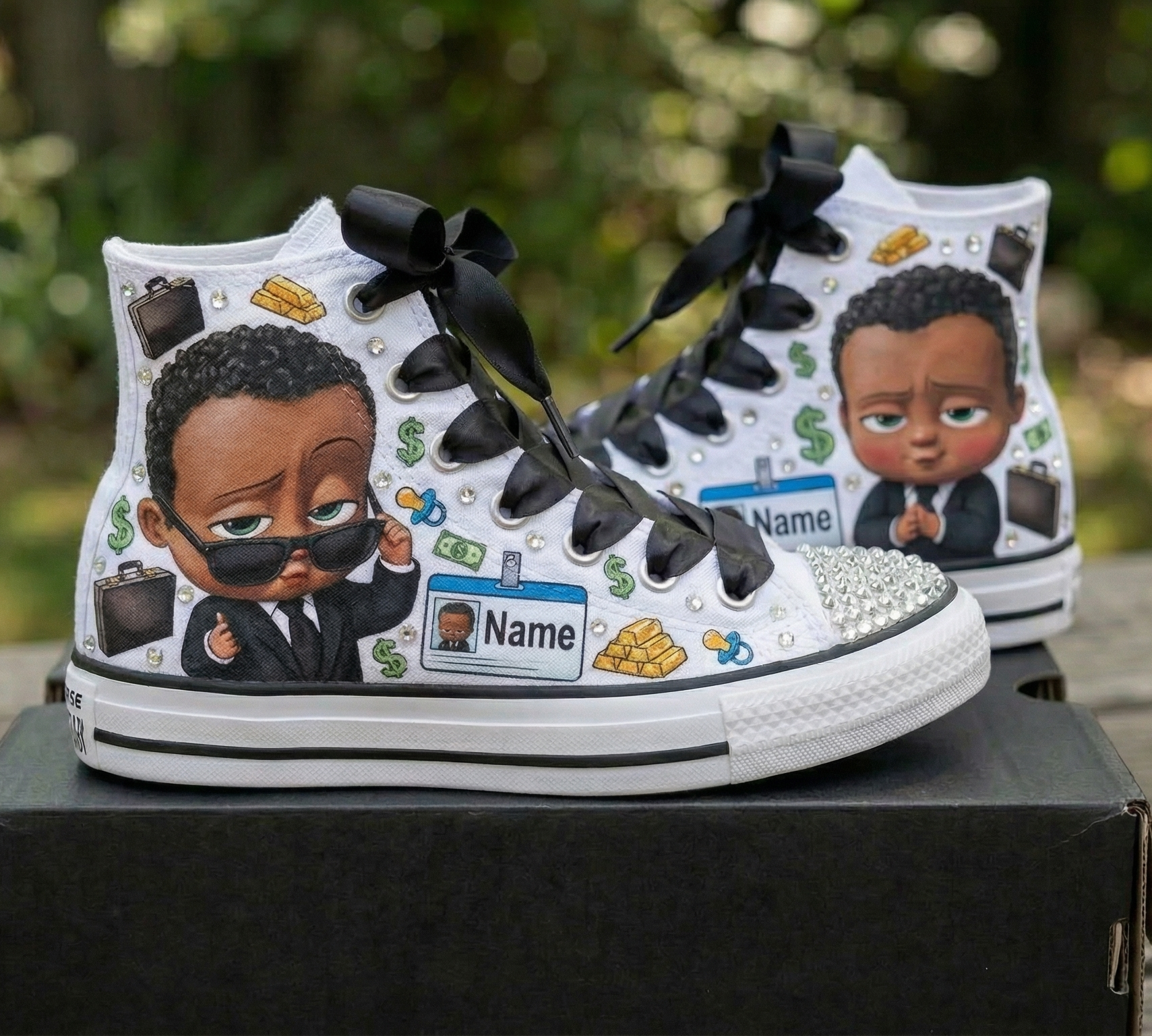 Custom Boss Baby Black Boy High-Top Sneakers Shoes Personalized with Name, Ribbon Laces & Rhinestones Birthday Parties Everyday Gift