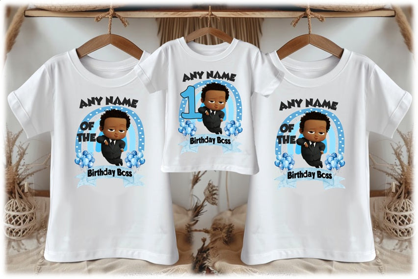 Boss Baby Black Boy Afro Personalized Custom White Family T-Shirt or Onesie Pack Theme Cake Smash Birthday Party