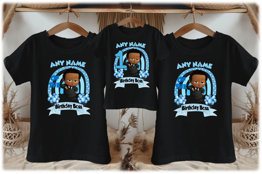 Boss Baby Black Boy Afro Personalized Custom Black Family T-Shirt or Onesie Pack Theme Cake Smash Birthday Party