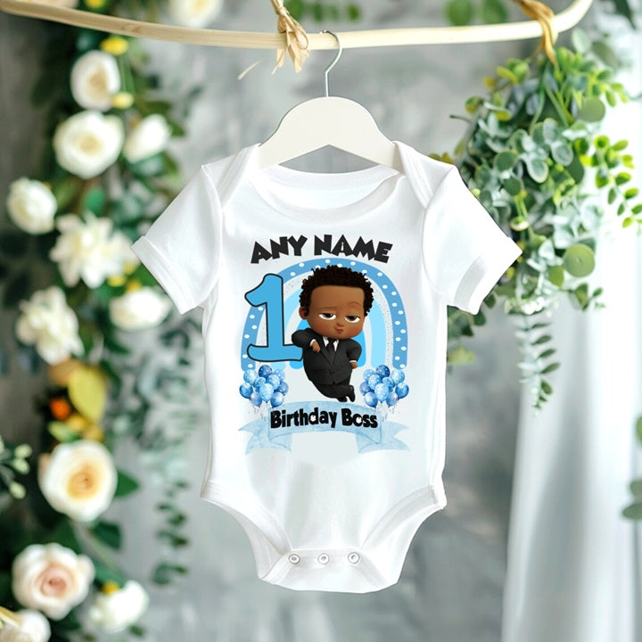 Boss Baby Black Boy Afro Personalized Custom White T-Shirt or Onesie Theme Cake Smash Birthday Party