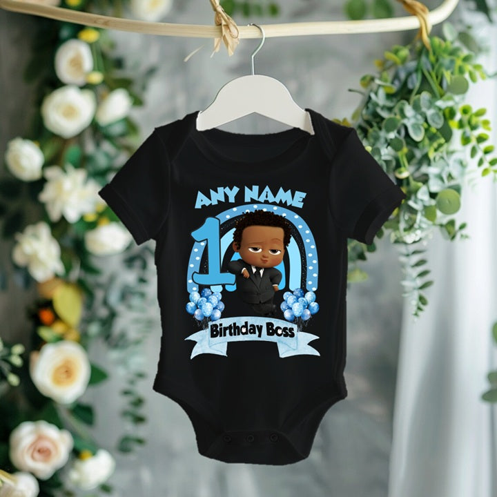 Boss Baby Black Boy Afro Personalized Custom Black T-Shirt or Onesie Theme Cake Smash Birthday Party