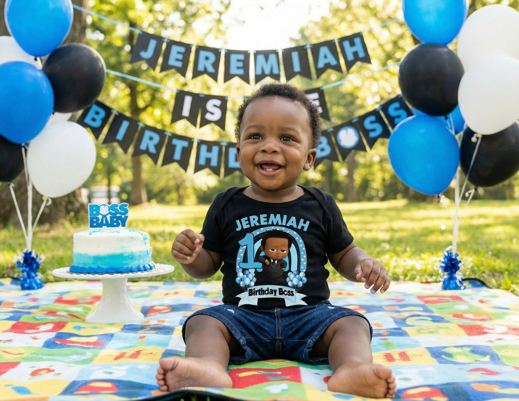 Boss Baby Black Boy Afro Personalized Custom Black T-Shirt or Onesie Theme Cake Smash Birthday Party