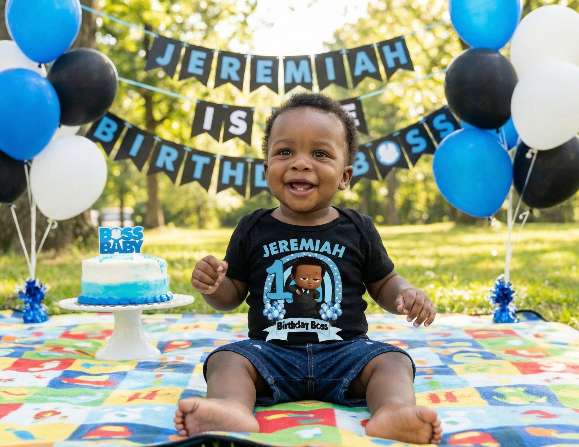 Boss Baby Black Boy Afro Personalized Custom Black T-Shirt or Onesie Theme Cake Smash Birthday Party