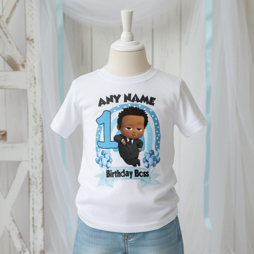 Boss Baby Black Boy Afro Personalized Custom White T-Shirt or Onesie Theme Cake Smash Birthday Party
