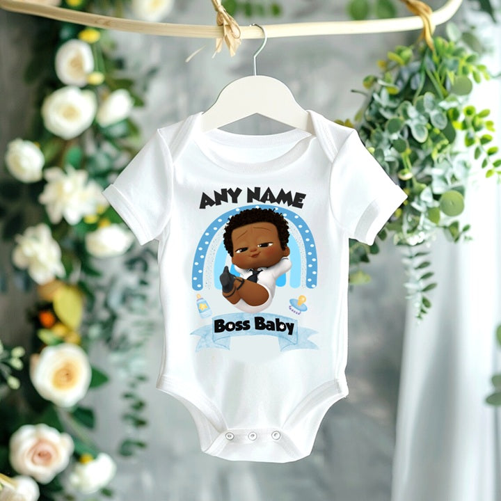 Boss Baby Black Boy Afro Personalized Custom White T-Shirt or Onesie Theme Cake Smash Party