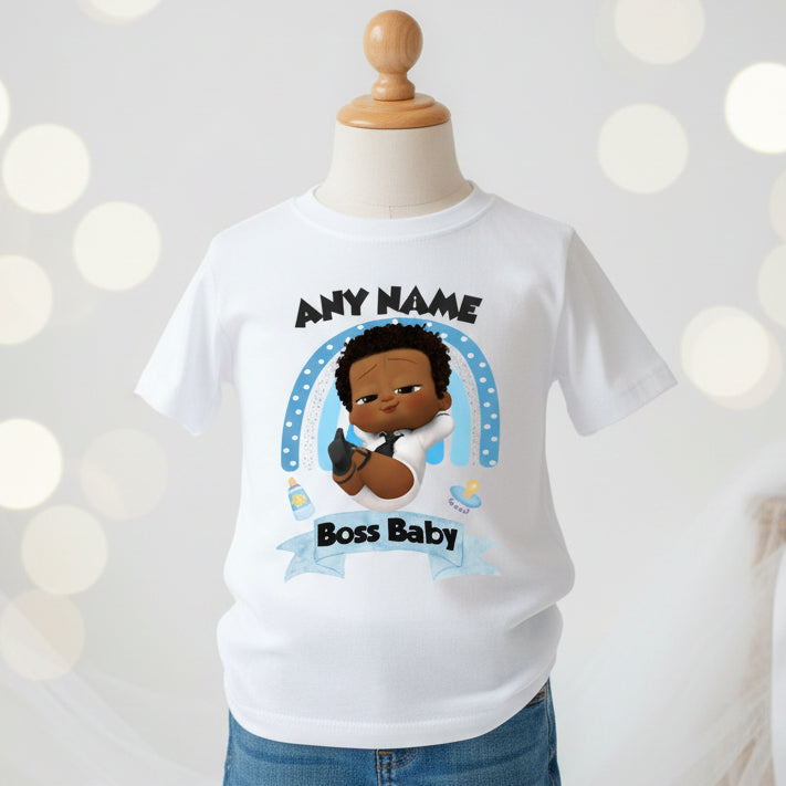Boss Baby Black Boy Afro Personalized Custom White T-Shirt or Onesie Theme Cake Smash Party