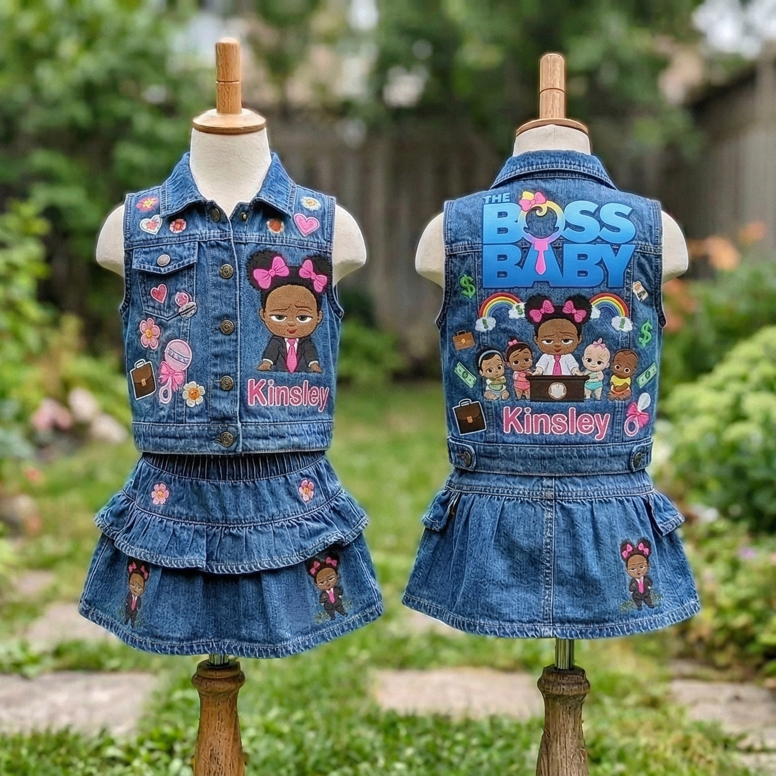 Personalized Custom Name Boss Baby Black Girl Denim Vest & Skirt Set Birthday Party Cake Smash Gift