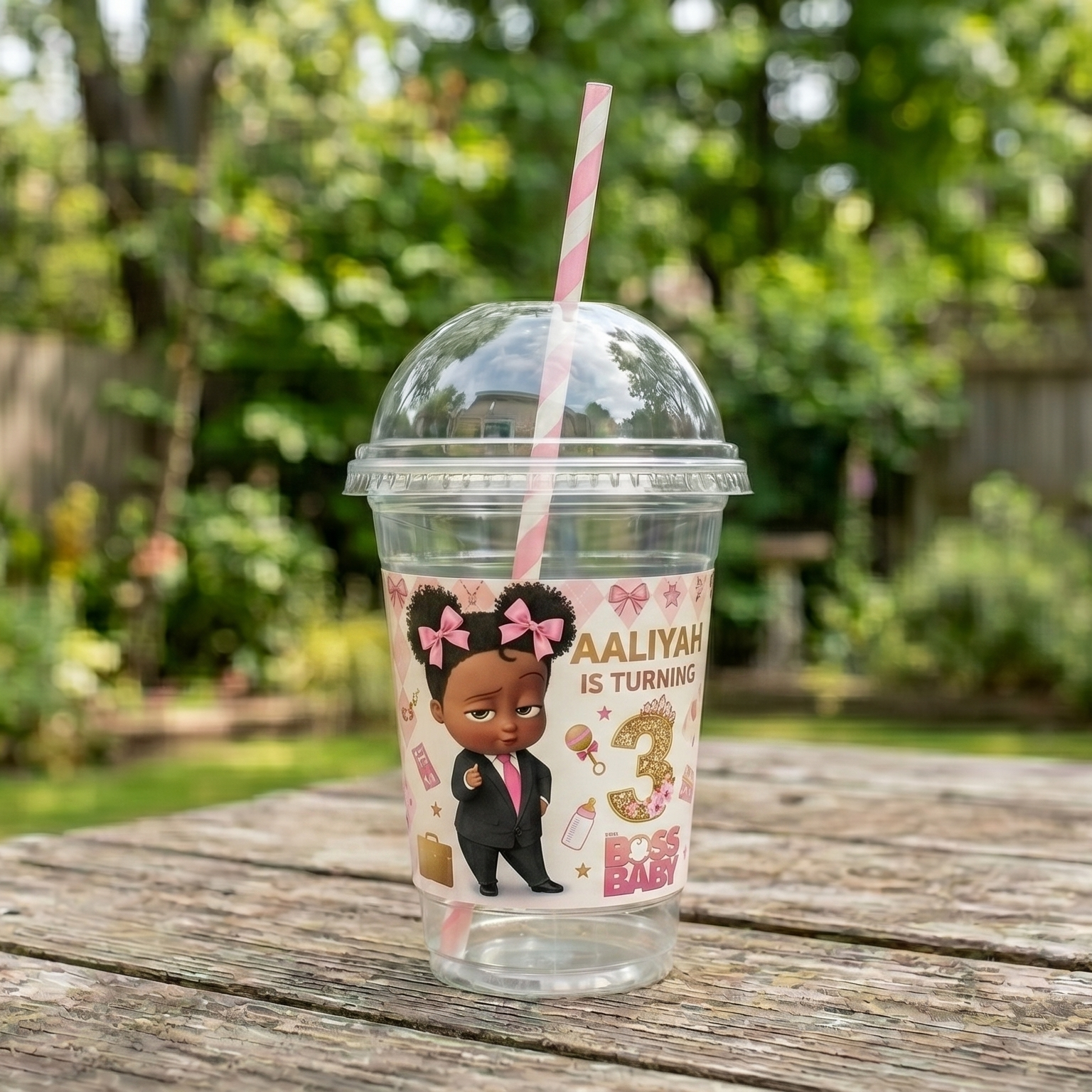 (Pack of 6) Black Boss Baby Girl Custom Personalized Birthday Party 16 oz Cups with Dome Lids & Straws