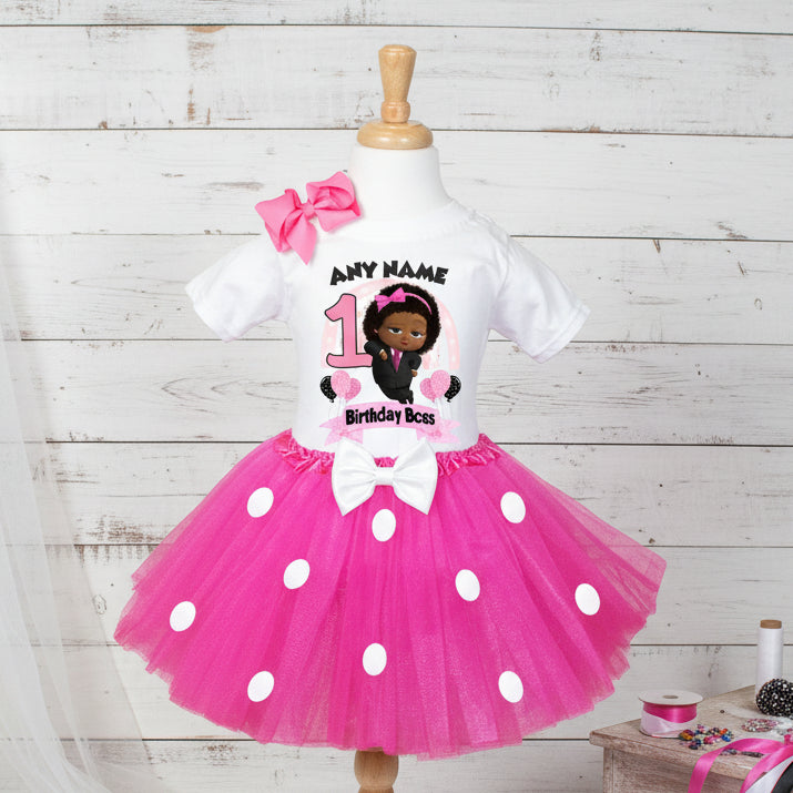 Boss Baby Black Girl Afro Tutu Set Girls Personalized Custom Hot Pink White Polka Dots Tutu Outfit Dress Theme Cake Smash Birthday Party