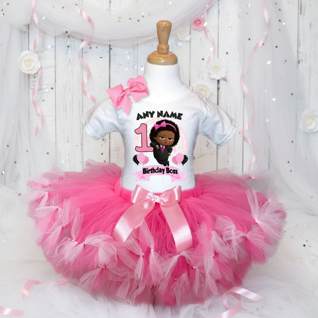 Boss Baby Black Girl Afro Tutu Set Girls Personalized Custom Hot Pink Soft Pink Knots Tutu Outfit Dress Theme Cake Smash Birthday Party