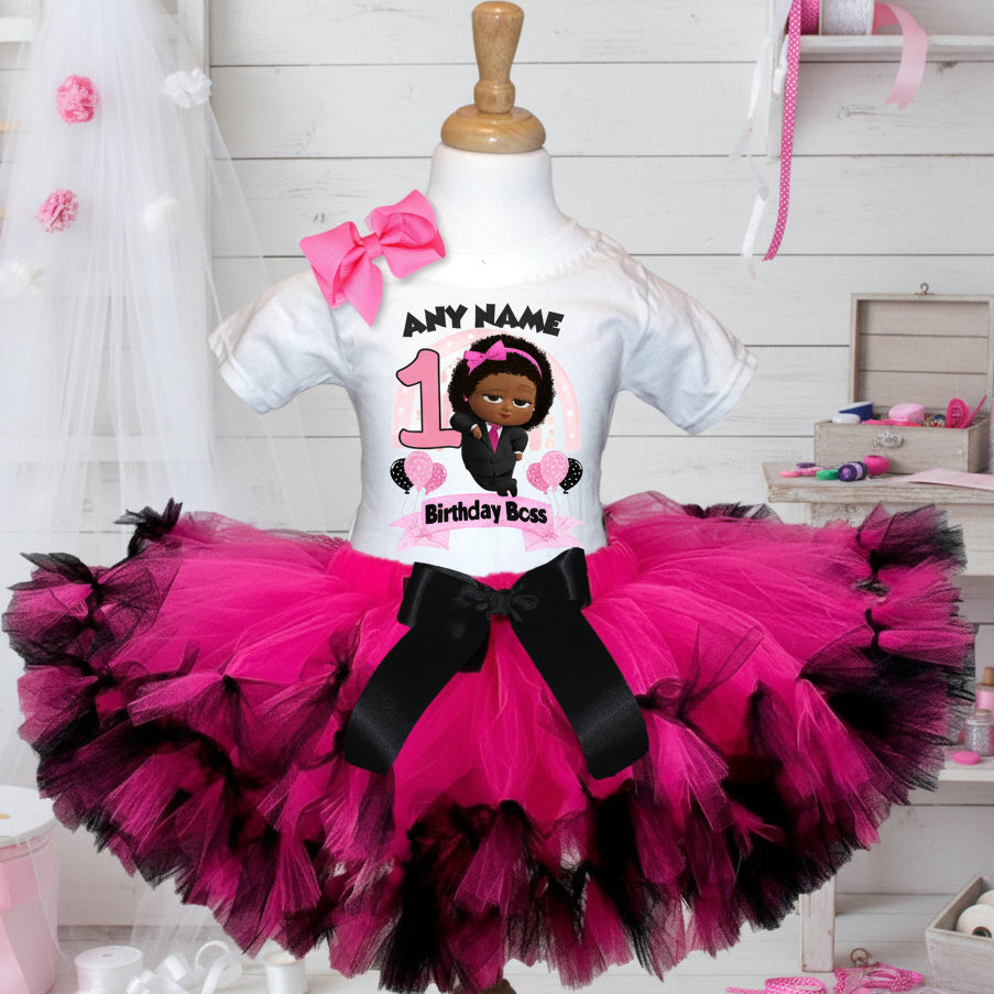Boss Baby Black Girl Afro Tutu Set Girls Personalized Custom Hot Pink Black Knots Tutu Outfit Dress Theme Cake Smash Birthday Party