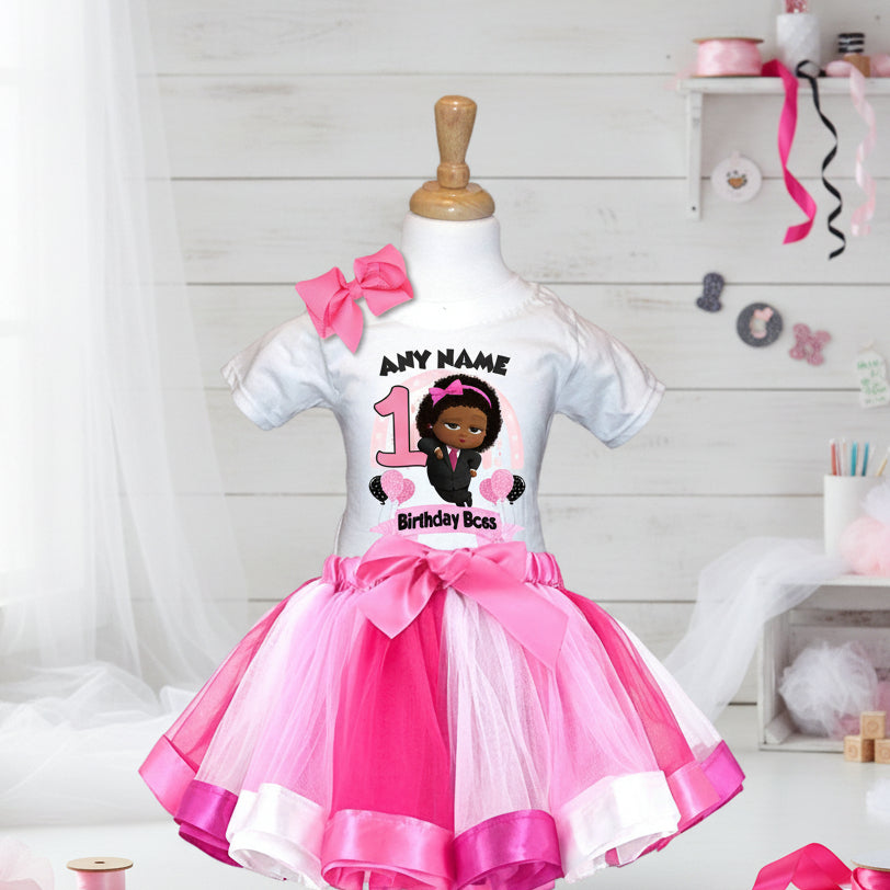 Boss Baby Black Girl Afro Tutu Set Girls Personalized Custom Hot Pink White Pink Ribbon Tutu Outfit Dress Theme Cake Smash Birthday Party