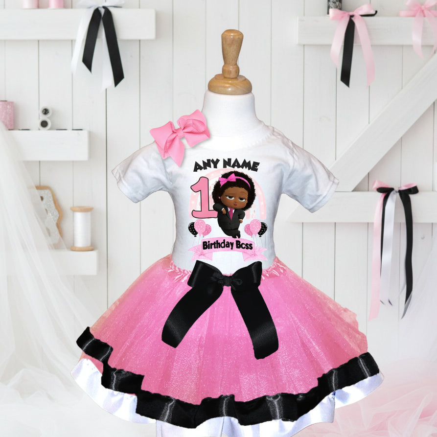 Boss Baby Black Girl Afro Tutu Set Girls Personalized Custom Pink Black White Ribbon Trim Tutu Outfit Dress Theme Cake Smash Birthday Party