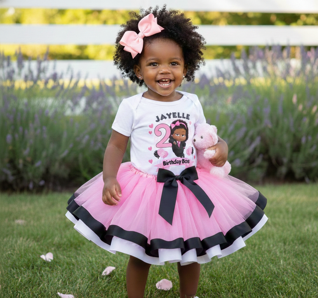 Boss Baby Black Girl Afro Tutu Set Girls Personalized Custom Pink Black White Ribbon Trim Tutu Outfit Dress Theme Cake Smash Birthday Party