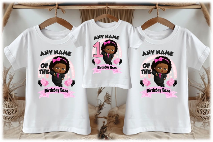 Boss Baby Black Girl Afro Personalized Custom White Family T-Shirt or Onesie Pack Theme Cake Smash Birthday Party