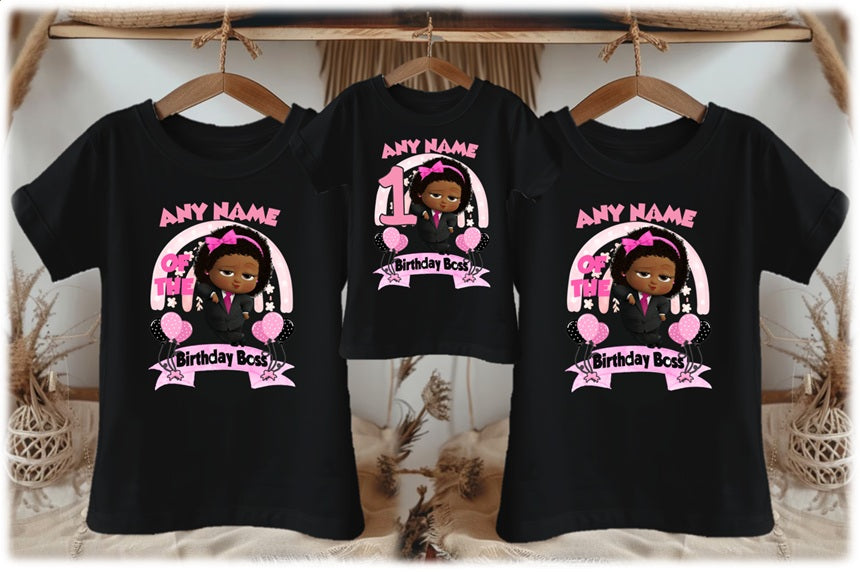 Boss Baby Black Girl Afro Personalized Custom Black Family T-Shirt or Onesie Pack Theme Cake Smash Birthday Party