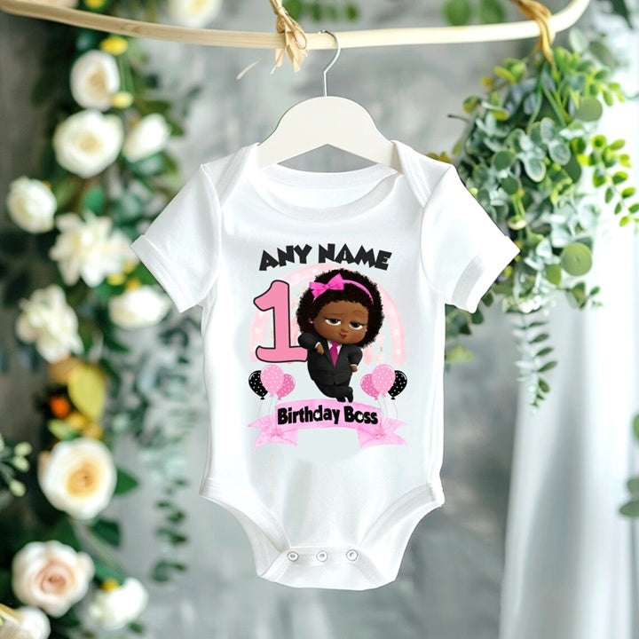 Boss Baby Black Girl Afro Personalized Custom White T-Shirt or Onesie Theme Cake Smash Birthday Party