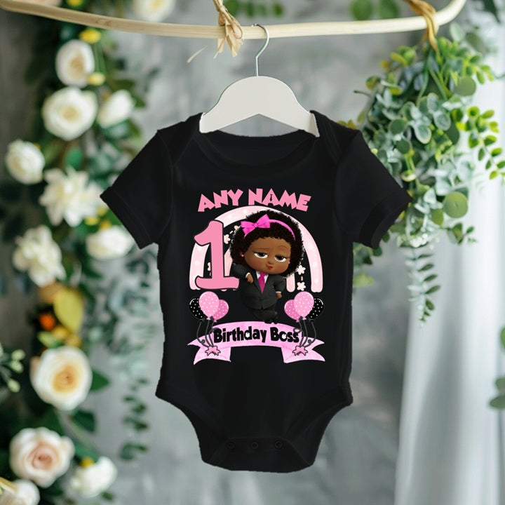 Boss Baby Black Girl Afro Personalized Custom Black T-Shirt or Onesie Theme Cake Smash Birthday Party