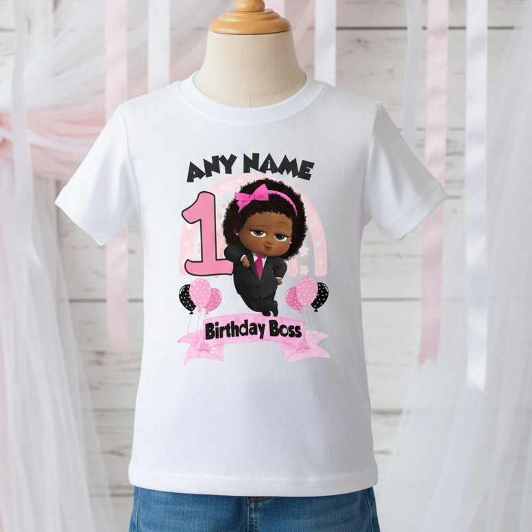 Boss Baby Black Girl Afro Personalized Custom White T-Shirt or Onesie Theme Cake Smash Birthday Party