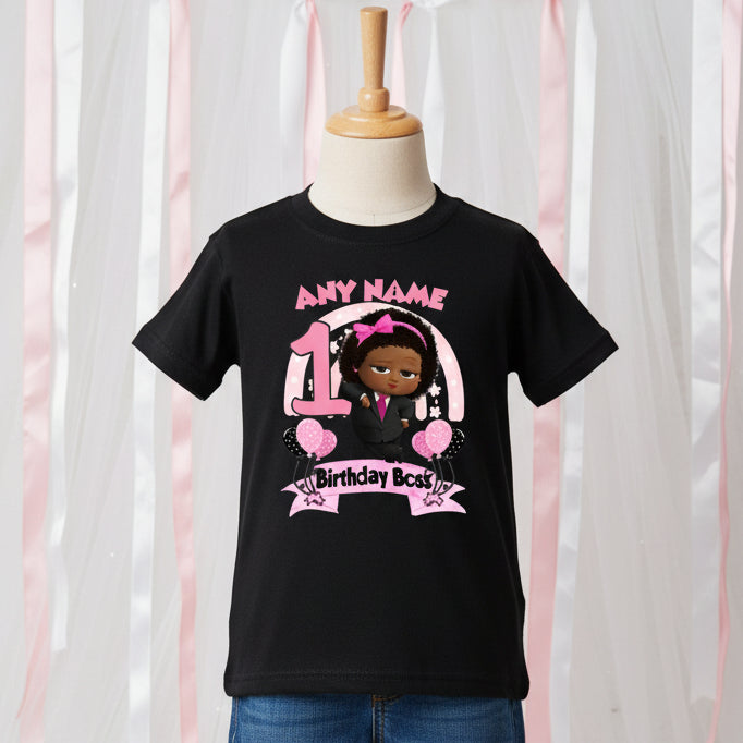 Boss Baby Black Girl Afro Personalized Custom Black T-Shirt or Onesie Theme Cake Smash Birthday Party