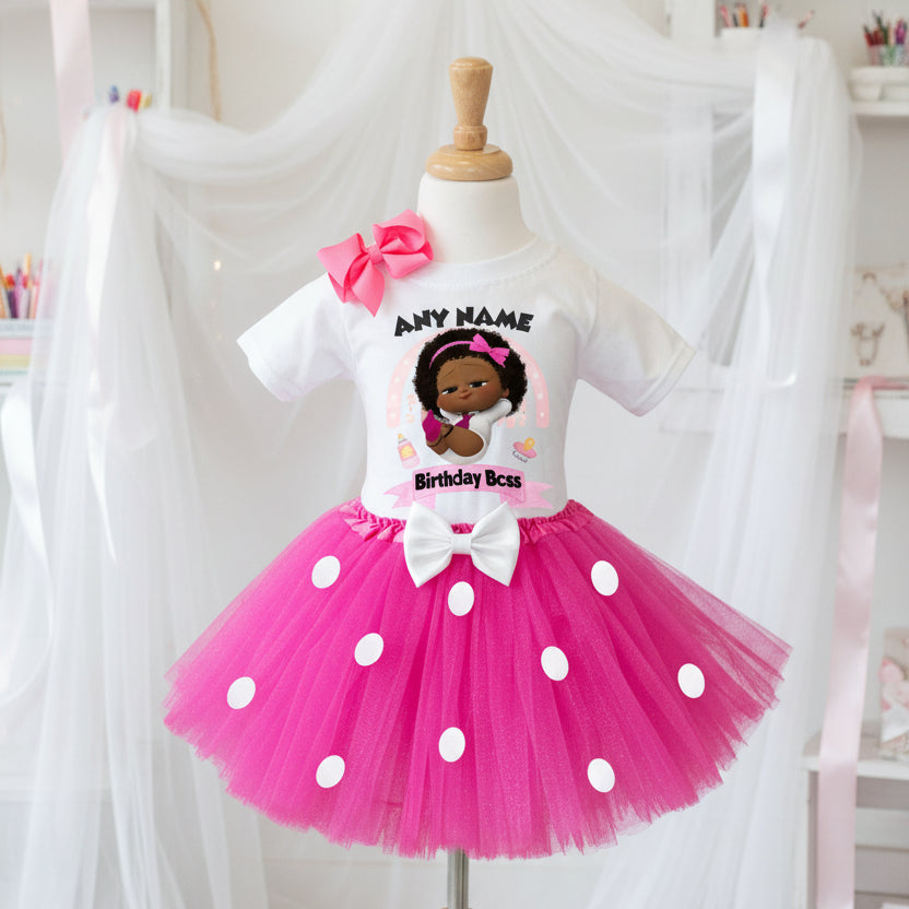 Boss Baby Black Girl Afro Tutu Set Girls Personalized Custom Hot Pink White Polka Dots Tutu Outfit Dress Theme Cake Smash Party
