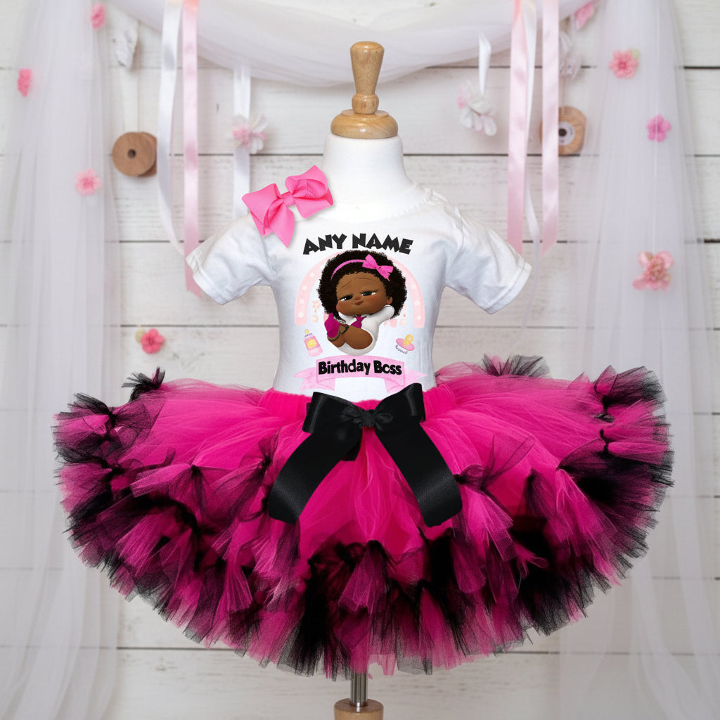 Boss Baby Black Girl Afro Tutu Set Girls Personalized Custom Hot Pink Black Knots Tutu Outfit Dress Theme Cake Smash Party