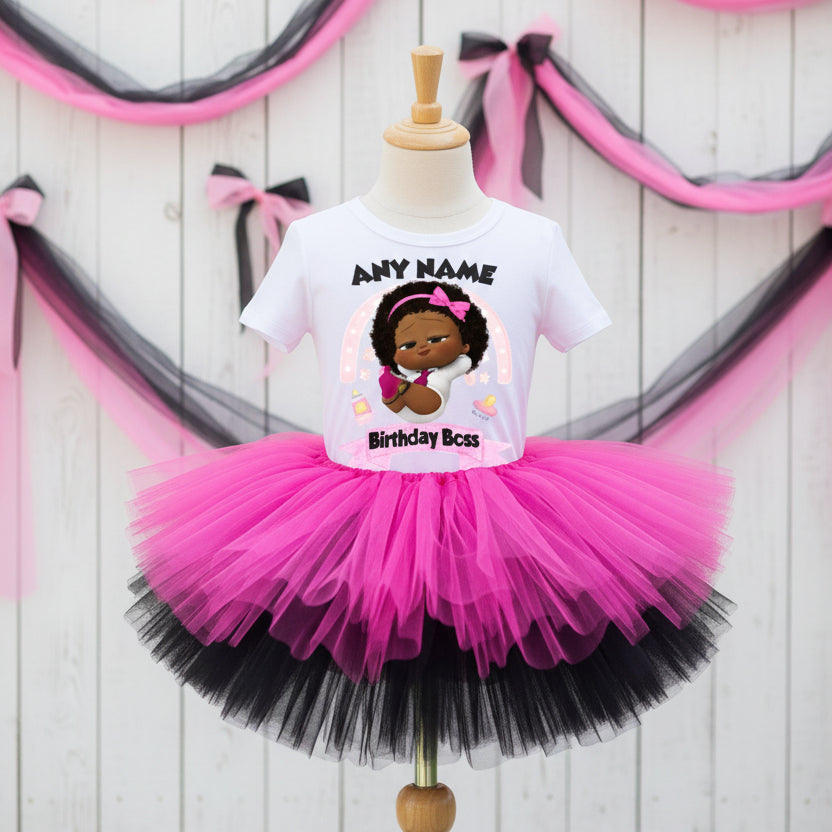 Boss Baby Black Girl Afro Tutu Set Girls Personalized Custom Hot Pink Black Tutu Outfit Dress Theme Cake Smash Party