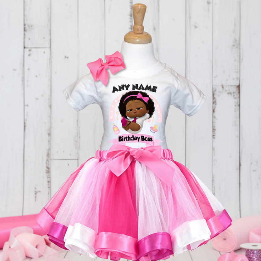 Boss Baby Black Girl Afro Tutu Set Girls Personalized Custom Hot Pink White Pink Ribbon Tutu Outfit Dress Theme Cake Smash Party