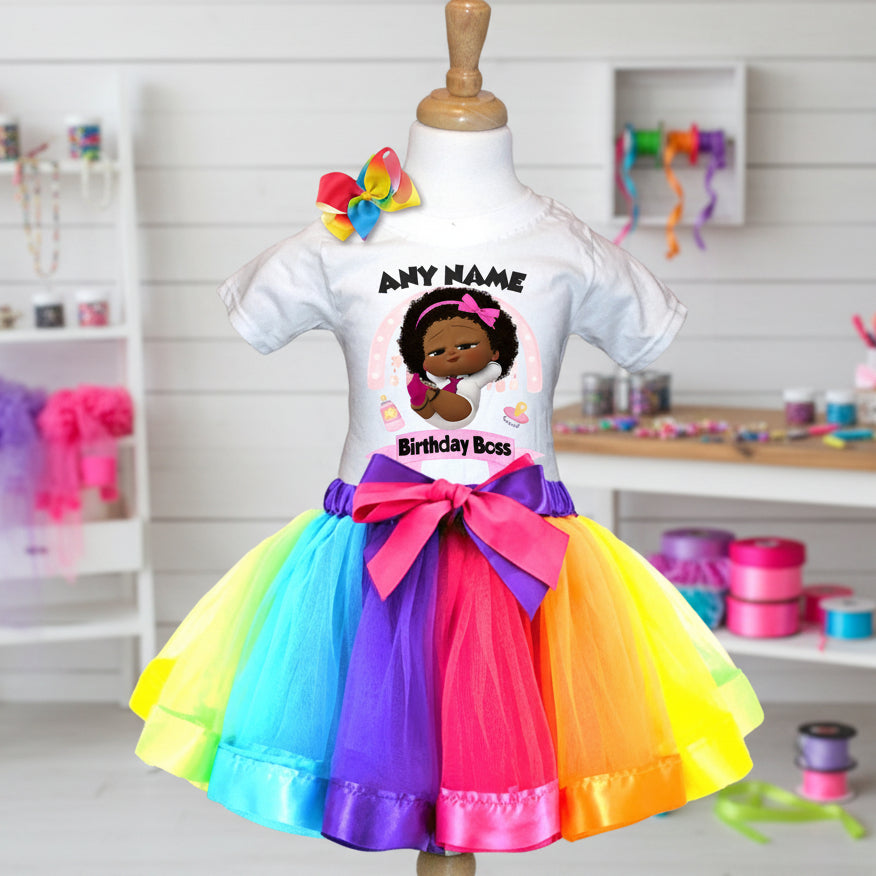 Boss Baby Black Girl Afro Tutu Set Girls Personalized Custom Rainbow Ribbon Tutu Outfit Dress Theme Cake Smash Party