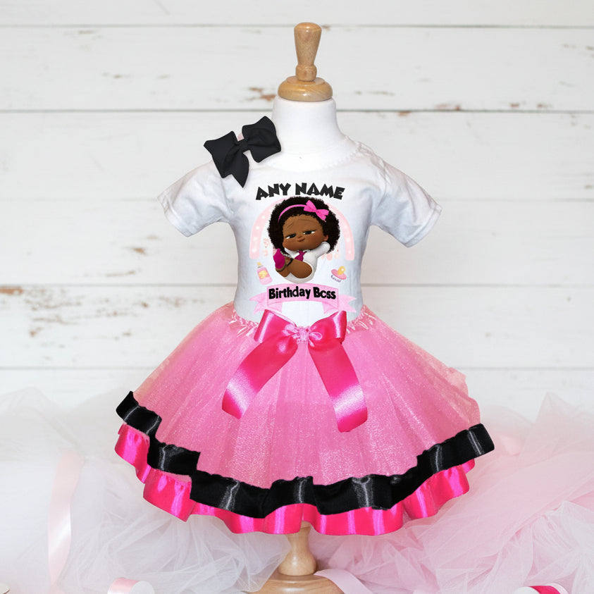 Boss Baby Black Girl Afro Tutu Set Girls Personalized Custom Pink Black Hot Pink Ribbon Trim Tutu Outfit Dress Theme Cake Smash Party