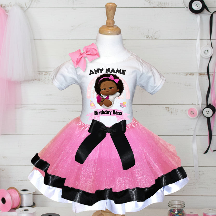 Boss Baby Black Girl Afro Tutu Set Girls Personalized Custom Pink Black White Ribbon Trim Tutu Outfit Dress Theme Cake Smash Party