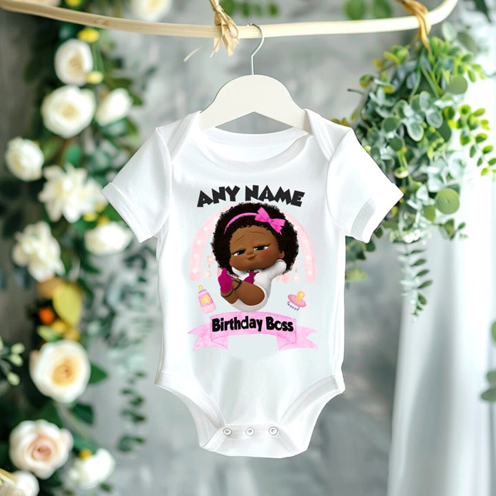 Boss Baby Black Girl Afro Personalized Custom White T-Shirt or Onesie Theme Cake Smash Party
