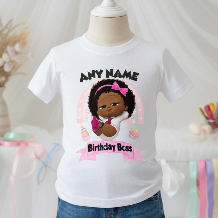 Boss Baby Black Girl Afro Personalized Custom White T-Shirt or Onesie Theme Cake Smash Party