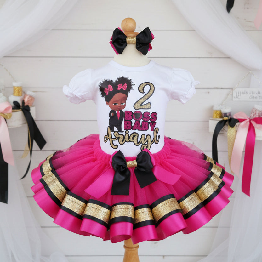 Afro Girl Boss Baby Black Girl Tutu Set Girls Personalized Custom Pink Black Gold Ribbon Sewn Trim Tutu Outfit Dress Theme Cake Smash Birthday Party