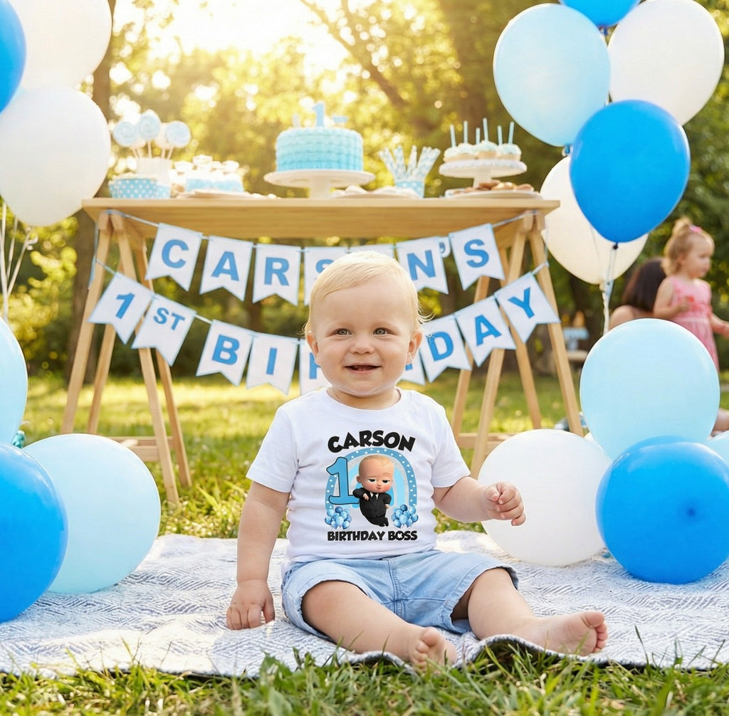 Boss Baby Boy Personalized Custom White T-Shirt or Onesie Theme Cake Smash Birthday Party
