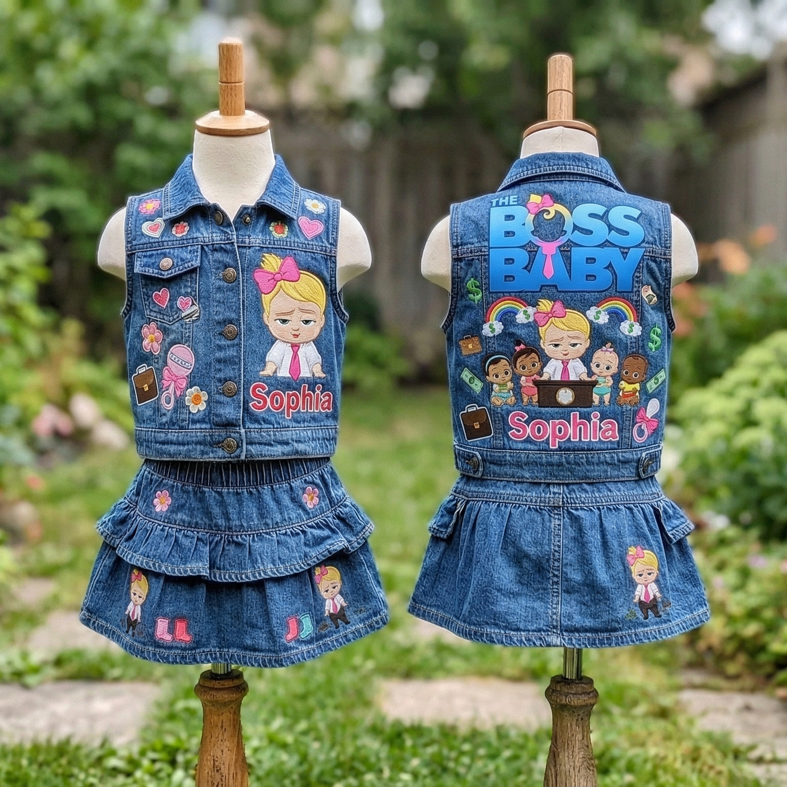 Personalized Custom Name Boss Baby Blonde Girl Denim Vest & Skirt Set Birthday Party Cake Smash Gift