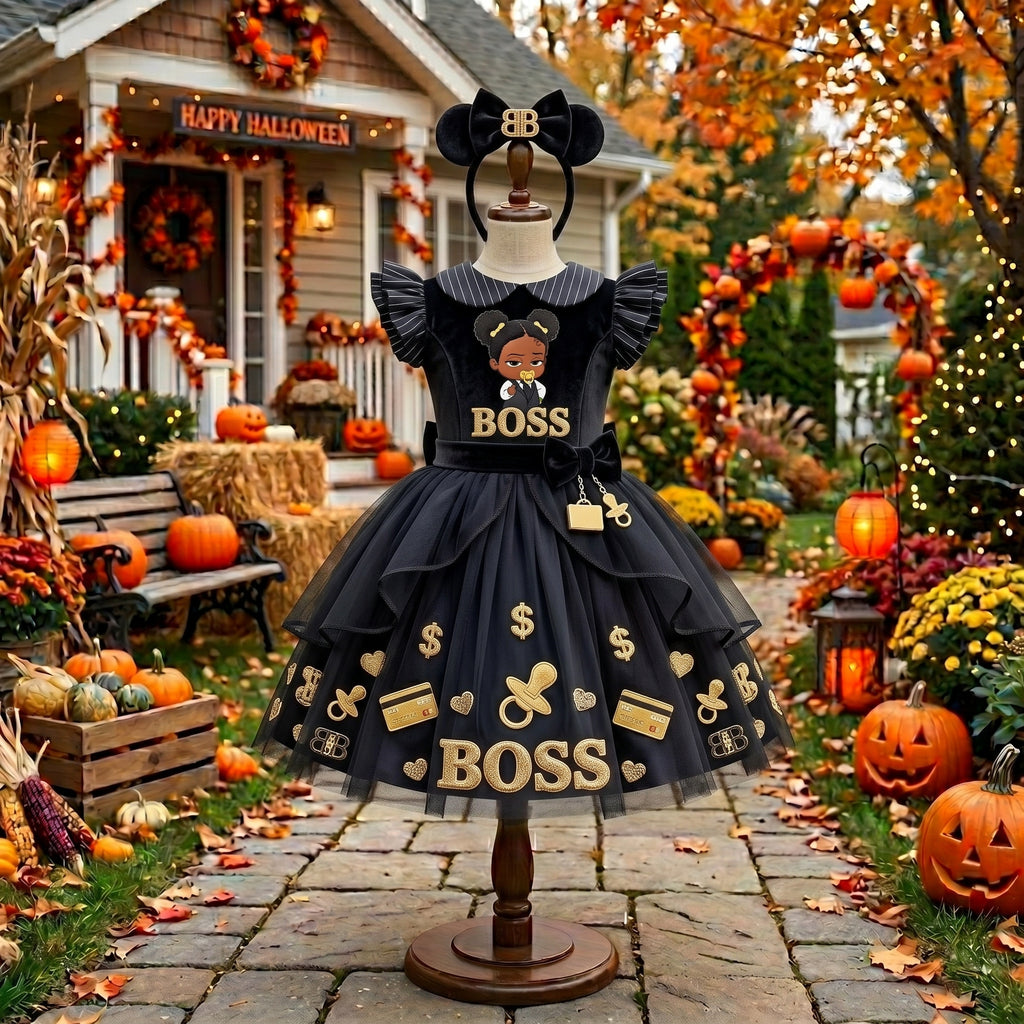 Black Boss Baby Girl Girls' Deluxe Sparkle Tutu Party Costume Dress Set with Matching Headband Halloween Birthday Pageant