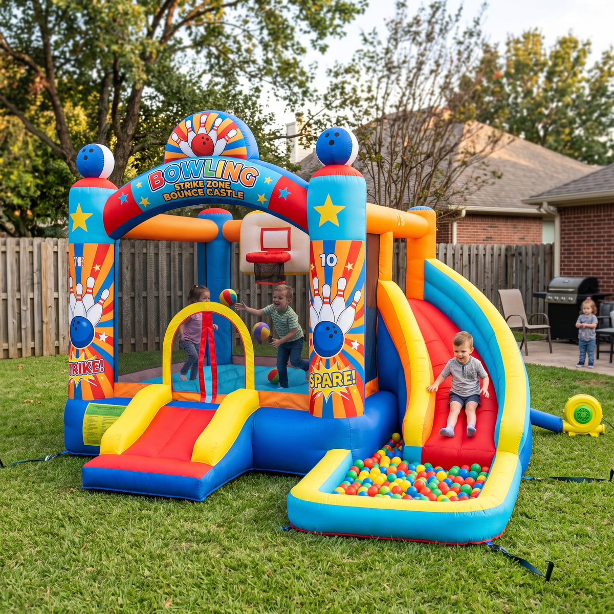 Play Bounce House Jumping Playhouse area with Slide and Ball Pit Bowling Castle Theme