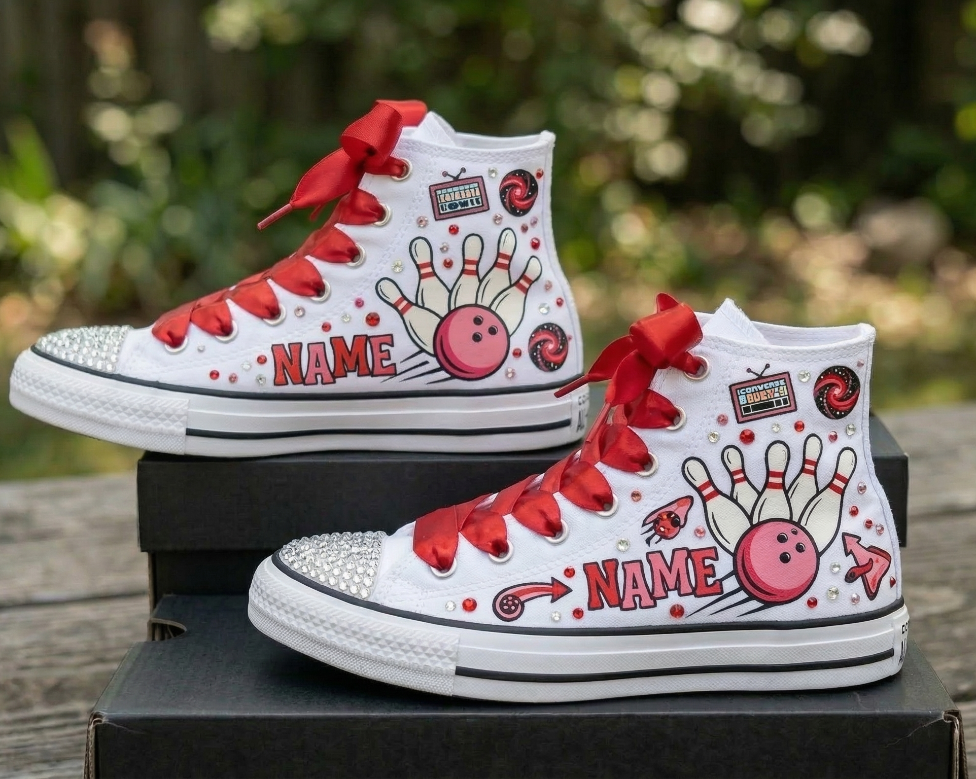 Custom Bowling Pins High-Top Sneakers Shoes Personalized with Name, Ribbon Laces & Rhinestones Birthday Parties Everyday Gift