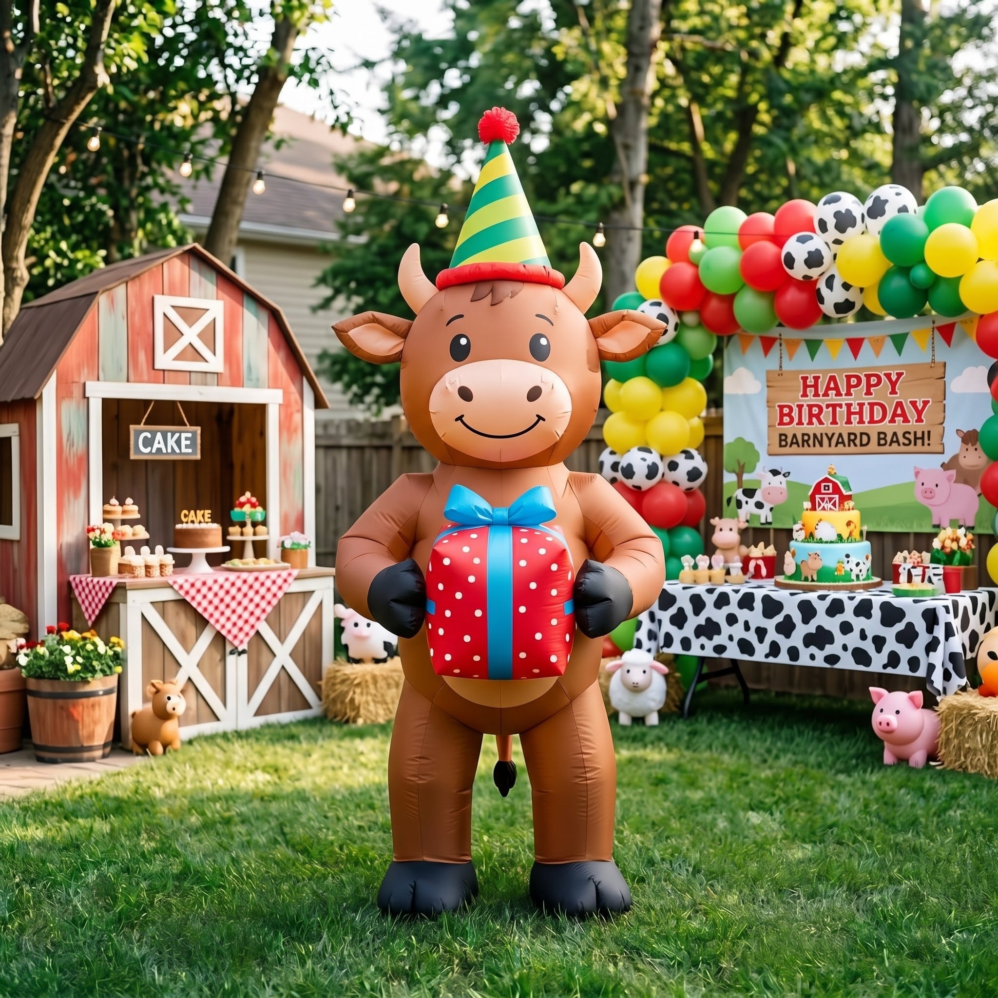 5' Farm Brown Cow with Birthday Hat and Present Yard Birthday Inflatable Blow Up Decor Prop