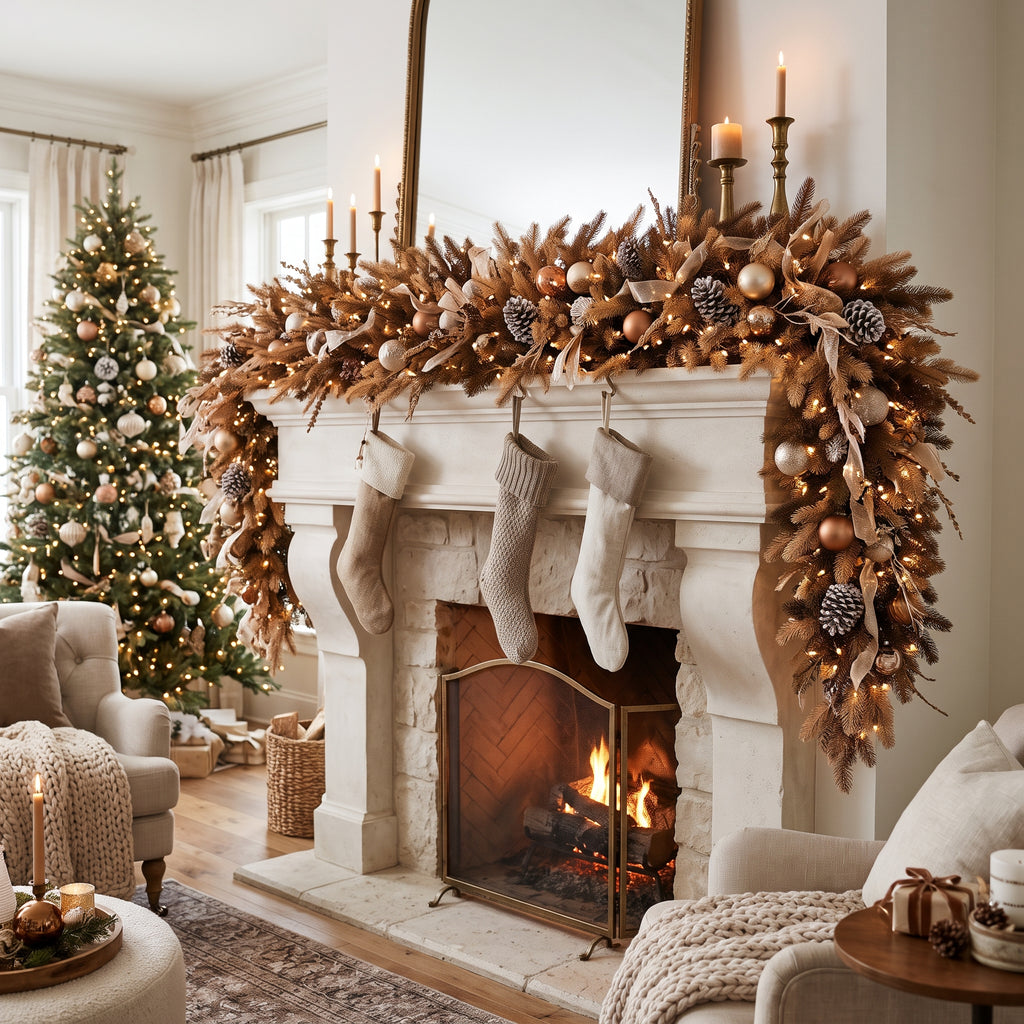 8-Foot Pre-Lit Warm Mocha Brown and Bronze Luxury Artificial Holiday Garland Christmas Decor