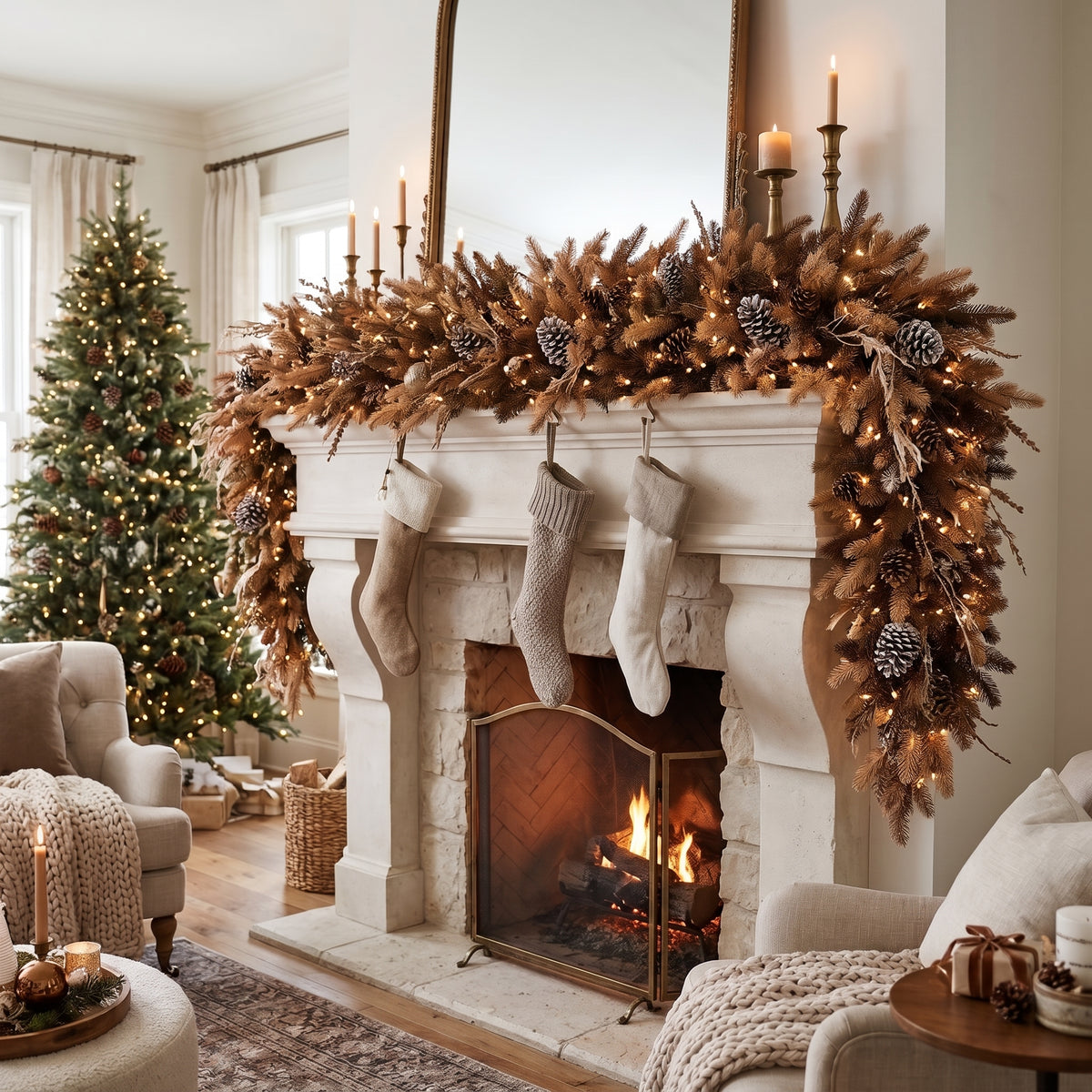 8-Foot Pre-Lit Warm Mocha Brown and Bronze Luxury Artificial Holiday Garland Christmas Decor