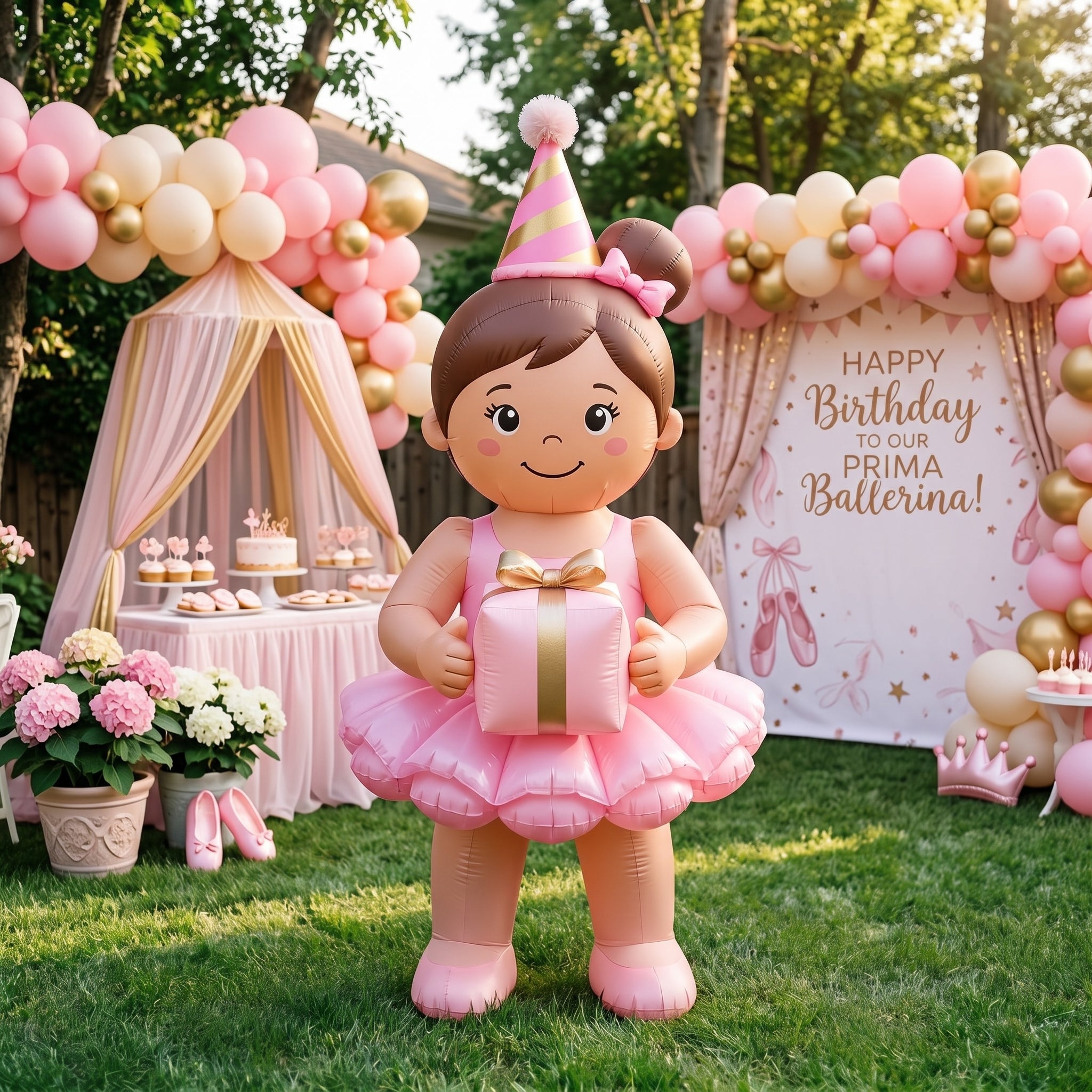 5' Brown-Haired Ballerina with Birthday Hat and Present Yard Birthday Inflatable Blow Up Decor Prop