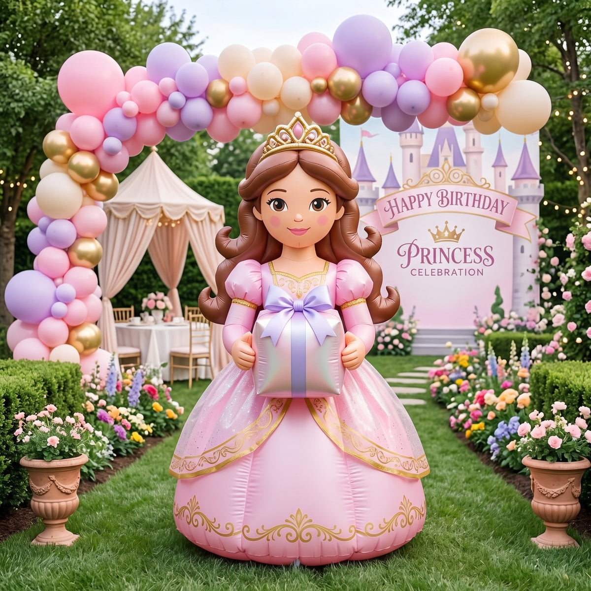 5' Brown Hair Princess with Birthday Crown and Present Yard Birthday Inflatable Blow Up Decor Prop