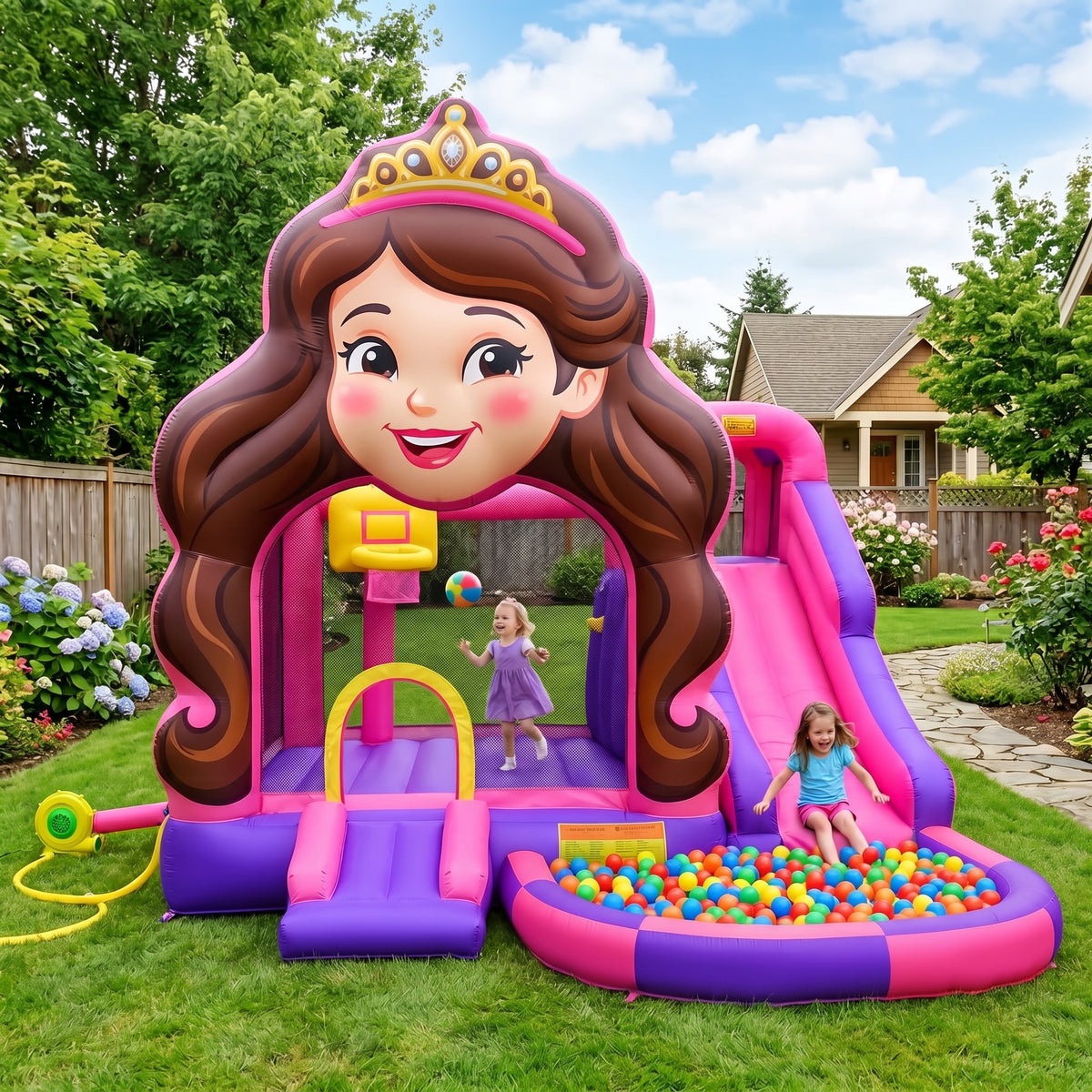 Play Bounce House Jumping Playhouse area with Slide and Ball Pit Brunette Princess' Head Castle Theme